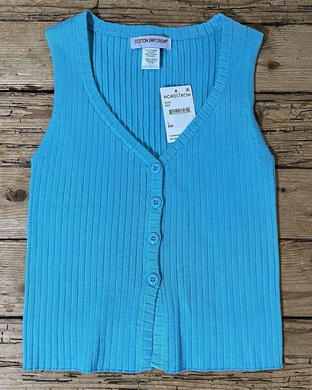 Cotton Emporium Women’s Size L Aqua Button Up Sleeveless Tank - NWT